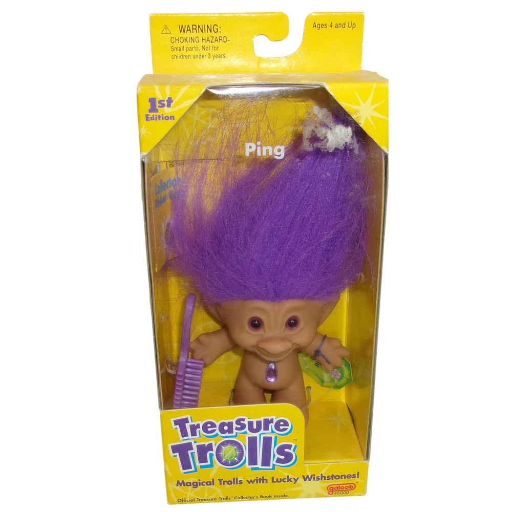 Vintage 1998 Galoob Treasure Trolls Ping NIB Purple Hair Wishstone